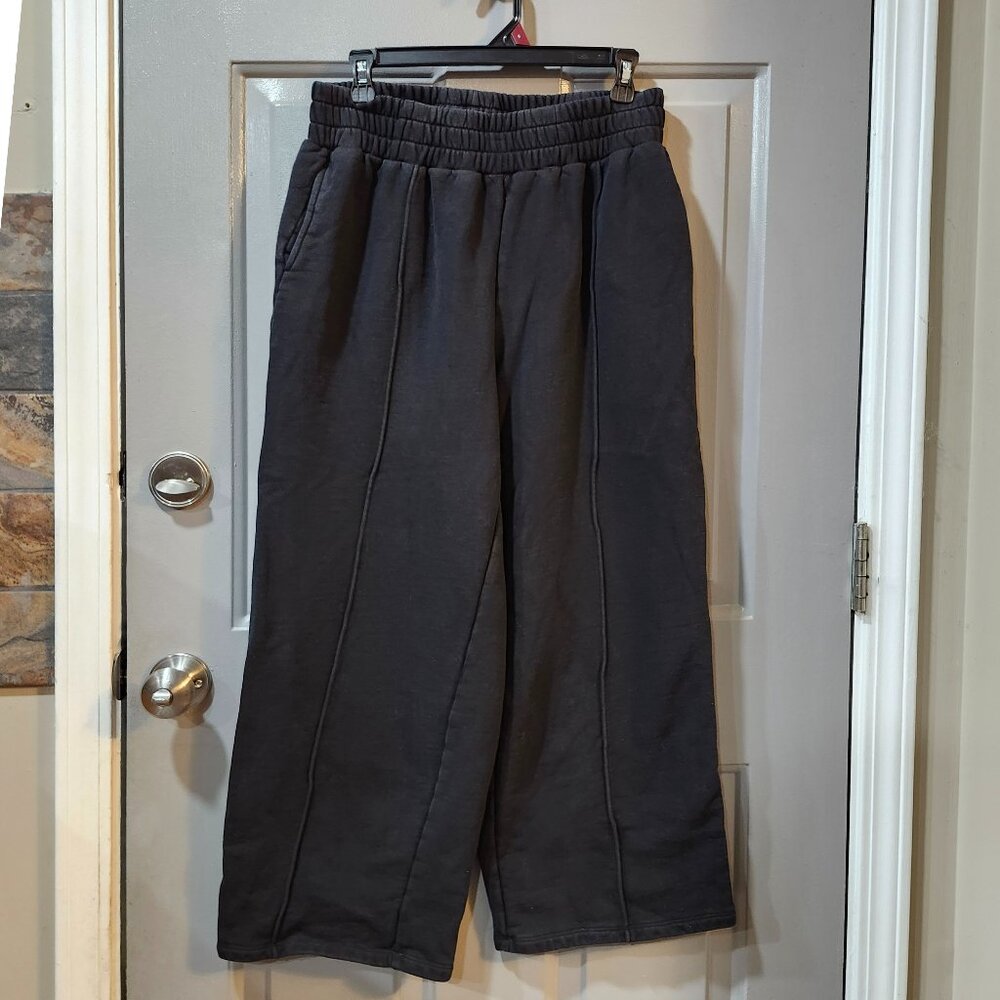 Women's Smocked Wide Leg Black Sweatpants w/ Elastic Waist - XL